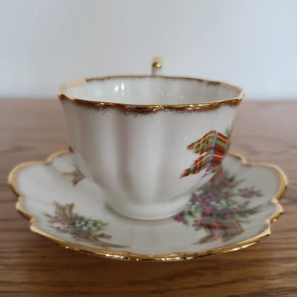 Vintage Salisbury Floral Tartan Teacup and Saucer Bone China England Coffee Tea
